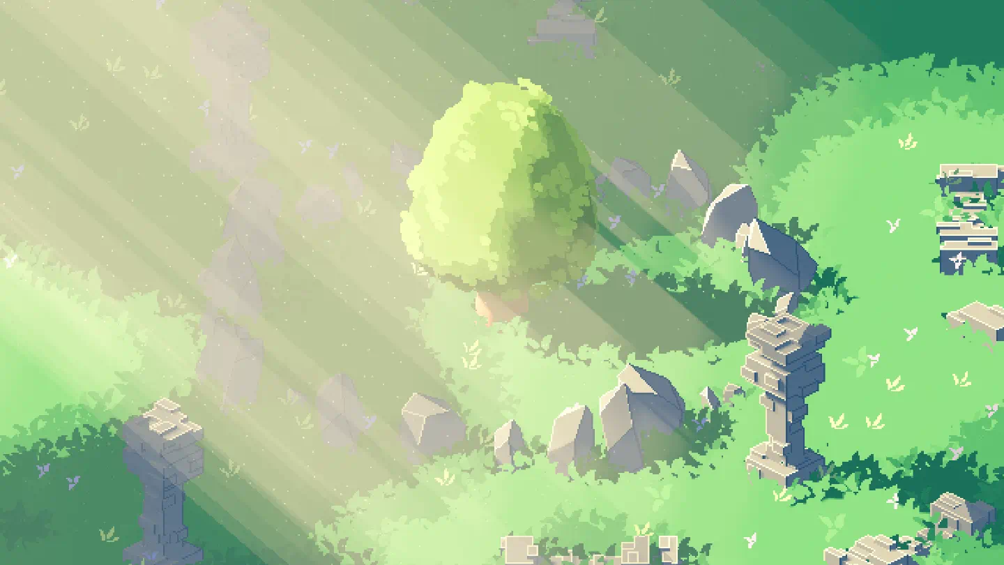 Godrays shining strongly over 3D pixel art tree and rocks.
