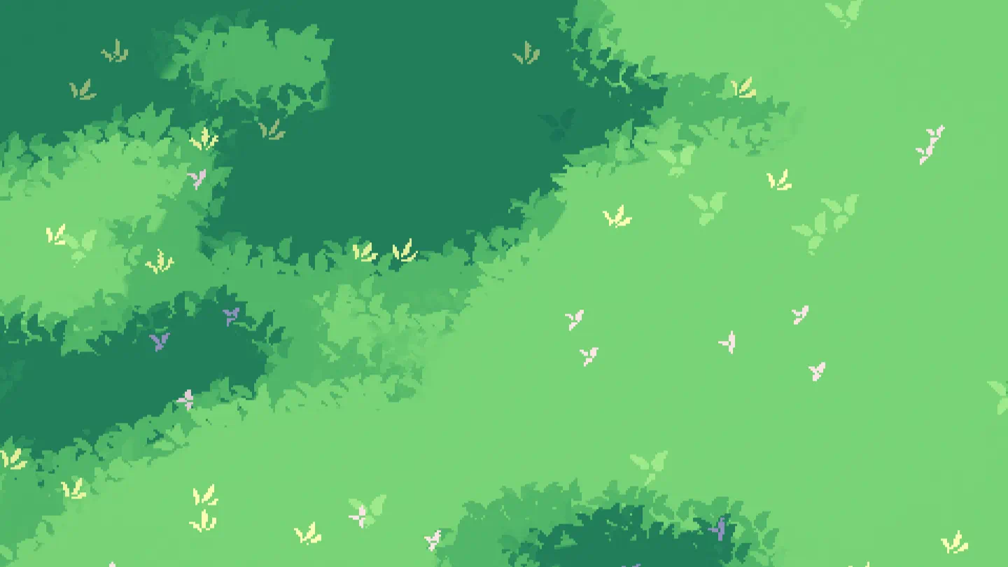 3D pixel art grass with cloud shadows and flowers.
