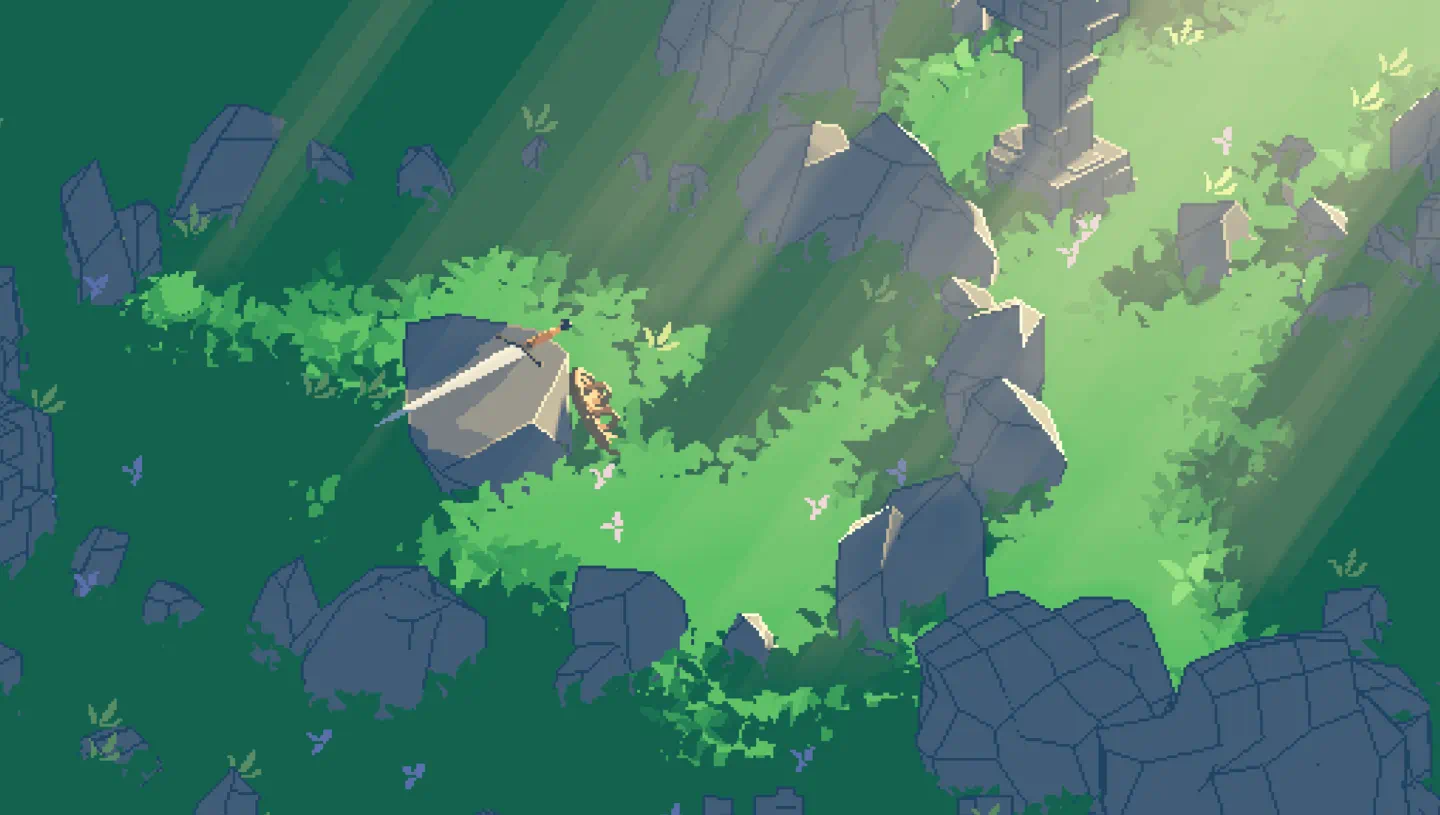 3D pixel art render of a sword on a rock in a meadow with strong beams of sunlight.