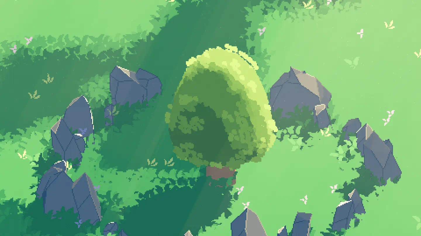 3D pixel art tree surrounded by rocks and grass.