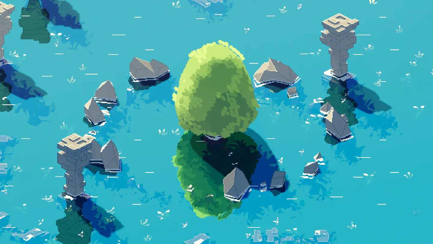 3D pixel art water flooded flatland featuring a tree, some pillars, and a rock circle.