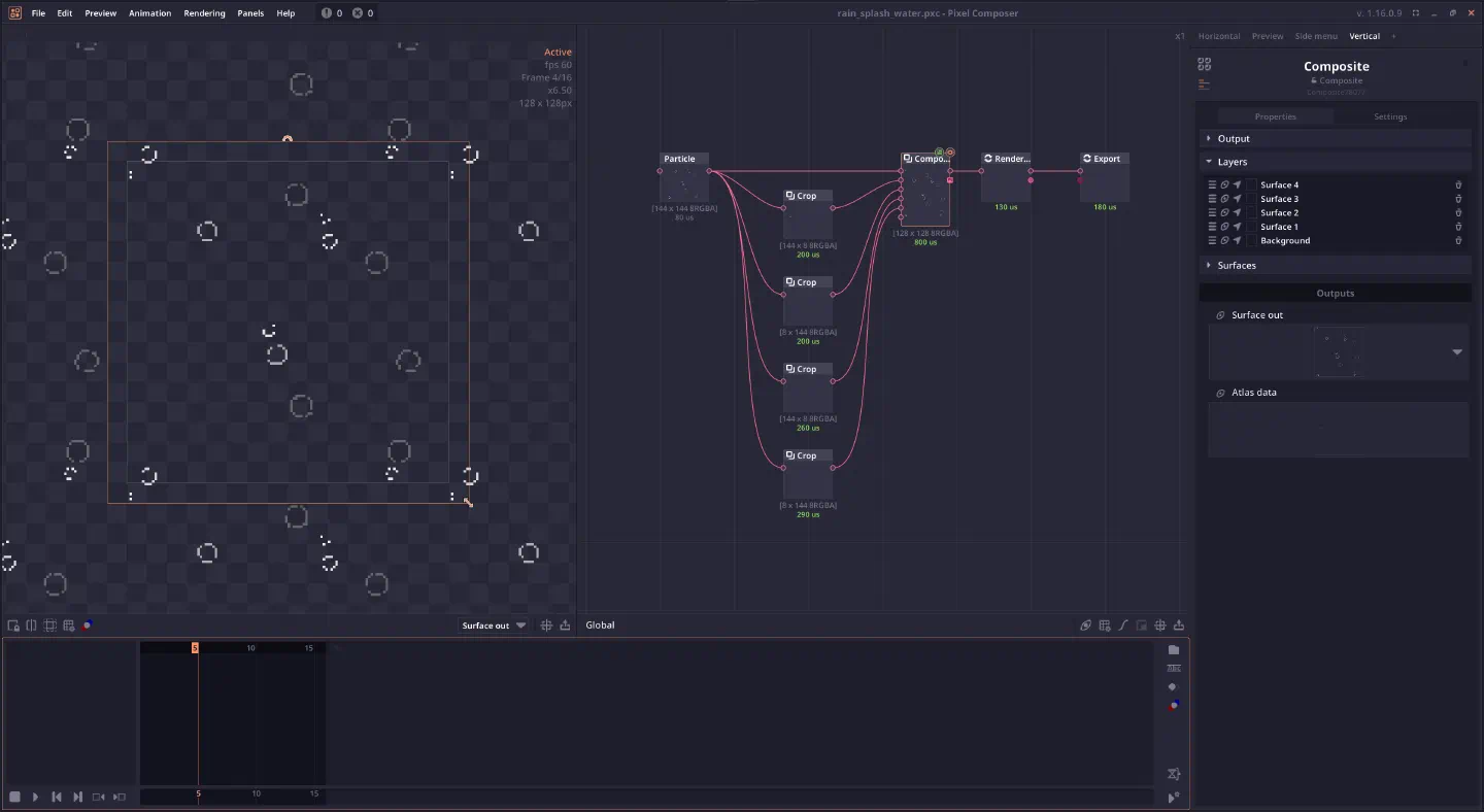 Screenshot of Pixel Composer software when creating water splashes.